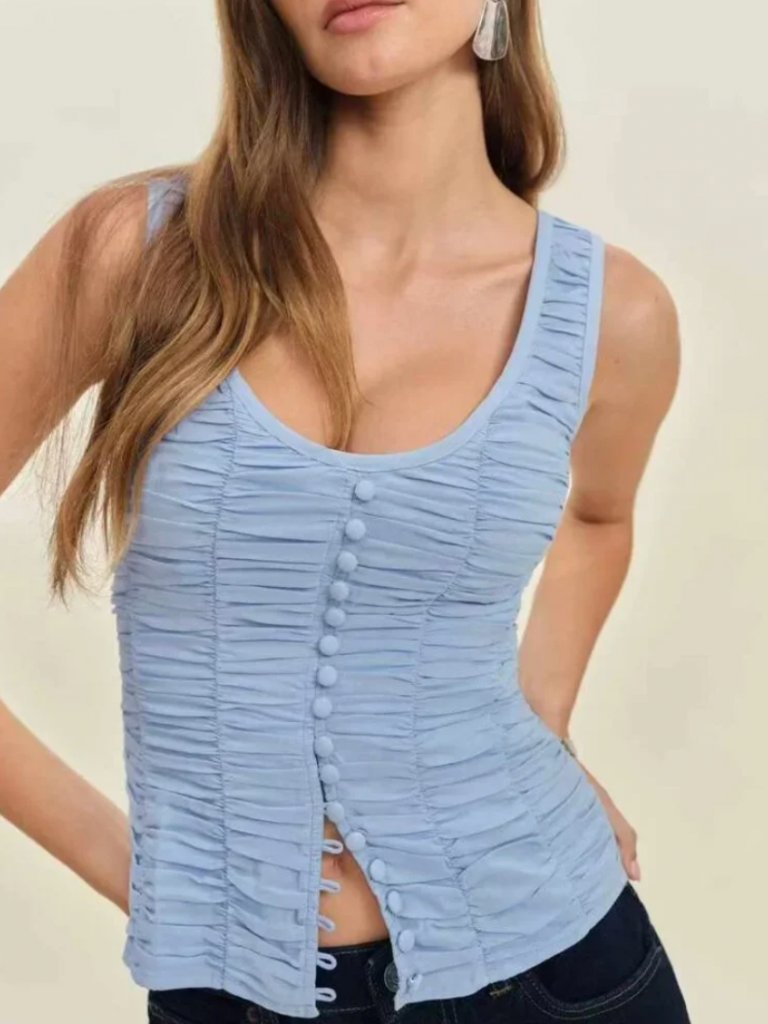 Reformation Light Blue Ruched Button Front Tank